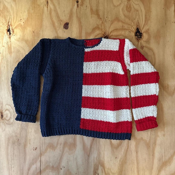 Handmade Sweaters - Handmade Americana Stars & Stripes Block Knit Sweater - Size Medium/Large